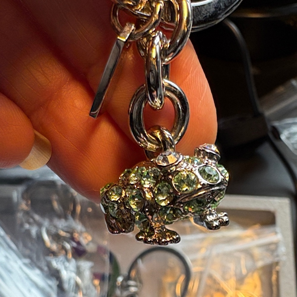 Coach Silver-Tone Green Crystal Frog Keychain Charm